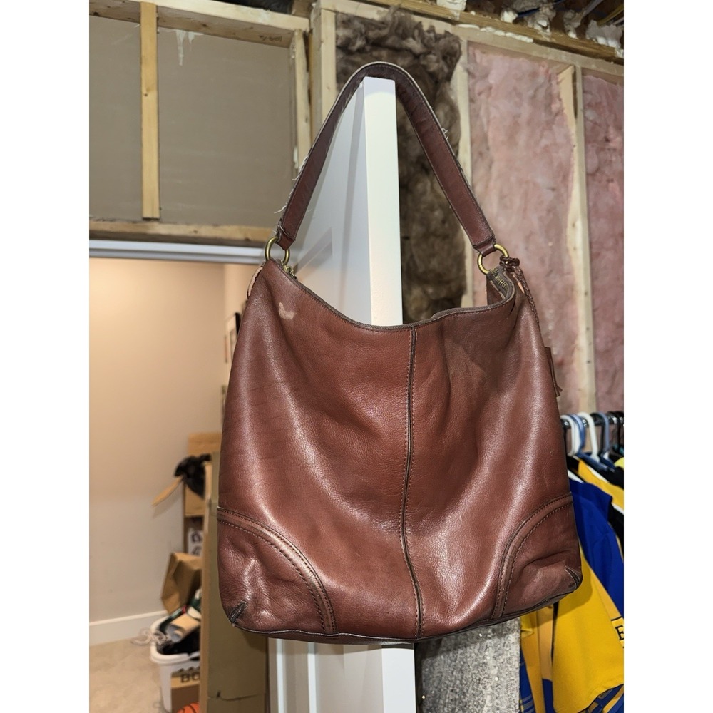 Cole Haan Brown Pebbled Leather Shoulder Bag Gold Hardware Tassel Zip Closure